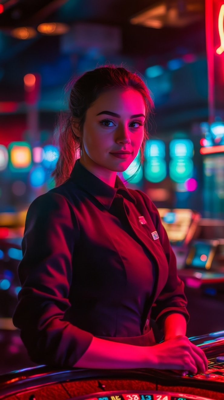 Tampilan studio roulette langsung dengan roda dan dealer di layar303